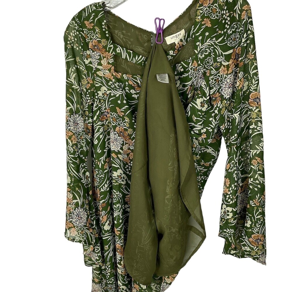Umgee Dark Floral Bell Sleeve in Olive Green Dress Long Tunic Lined Size S - Picture 7 of 10